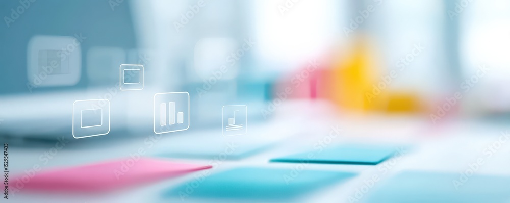 Aufkleber marketing metrics engagement optimization concept. blurred workspace with digital icons and colorful
