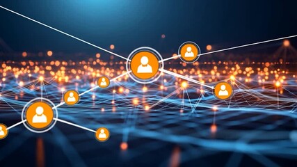 Digital network nodes and glowing data connections with dynamic animated lines and points in a futuristic technology scene - Powered by Adobe