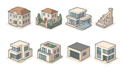 Luxury Homes Concept isometric set. Mansion, gated estate, infinity pool house, marble staircase icon, modern luxury villa, rooftop garden, private garage.