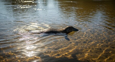 Fototapeta premium Dog swimming in shallow water, sunny day, playful canine enjoying summer