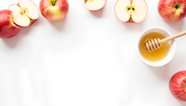 Fresh apples and honey presented on white background for healthy eating  