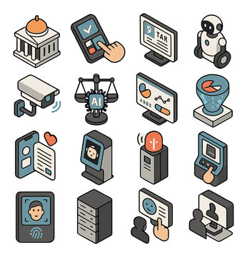 Smart governance isometric set. city hall building, e-voting device, digital tax form, public service robot, smart law enforcement camera, AI legal
