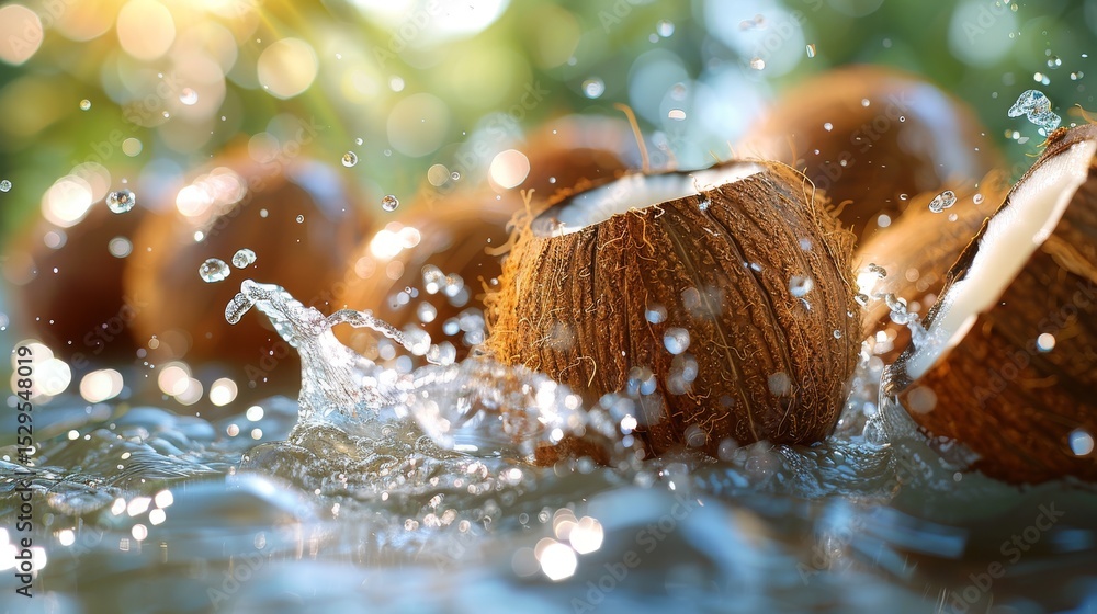 Poster dynamic action captured as coconuts are splashed into clear water, showcasing the refreshing essence