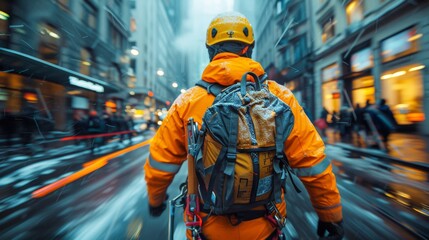 A climber navigating through a snowy urban landscape, embodying resilience and adventure in the face of challenges while surrounded by the beauty of a city in winter.