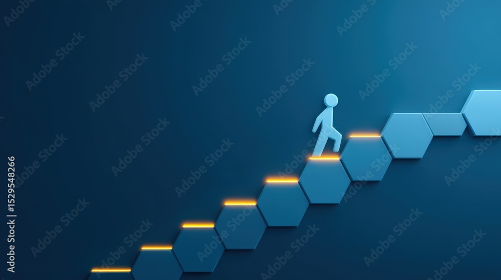 Aufkleber marketing metrics engagement optimization concept. abstract illustration of a person climbing hexago