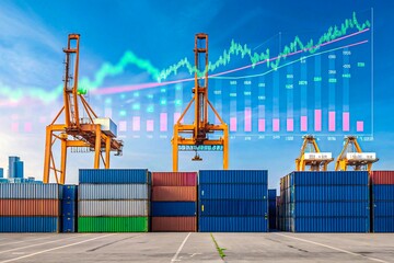 Container port with crane and business data overlay for logistics analytics concept
