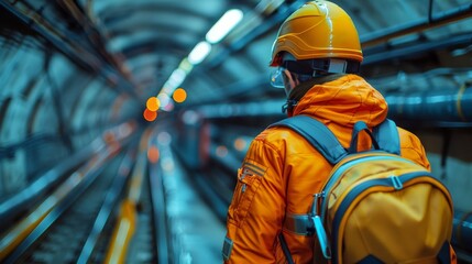 A focused engineer wearing safety gear stands by subway tracks, symbolizing professionalism and commitment to safety in urban transportation systems.