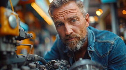 A focused man with a beard examines a machine engine closely, illustrating the dedication and craftsmanship involved in repair and innovation in a workshop environment.