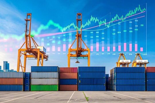 Container port with crane and business data overlay for logistics analytics concept