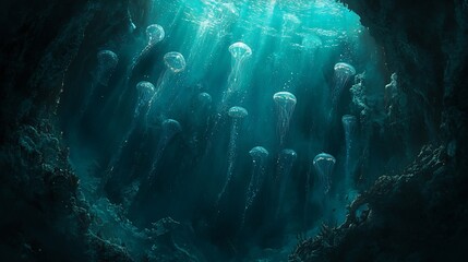 Sunlit underwater cave teeming with jellyfish