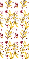 Seamless Yellow Leaf Pattern with Red Accents – Autumn Botanical Doodle Style
