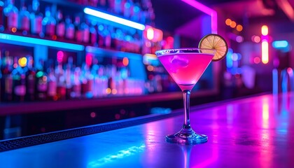 Pink Cocktail with Lime at Neon Lit Bar Ready for Nightlife Fun