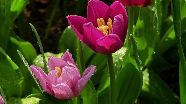 Purple tulips swaying in the wind.