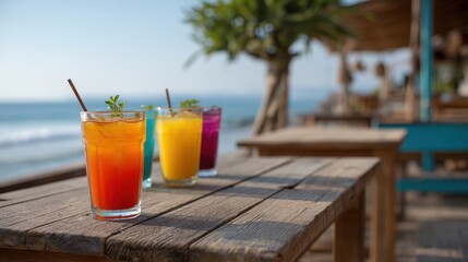 Beach Bar with Bright Cocktails and Sea View