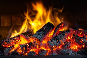Close-up view of a fireplace filled with vibrant, dancing flames and glowing embers. The warmth radiates, creating a comforting atmosphere during a chilly night