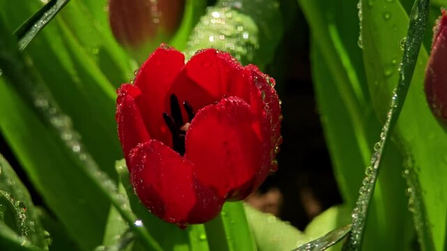 Close up blooming red tulip with water drops.