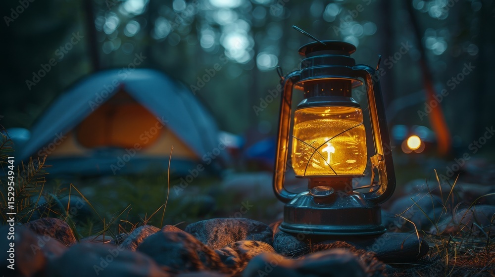 Poster an old lantern shines warmly in a serene campground setting during dusk, creating a cozy atmosphere 