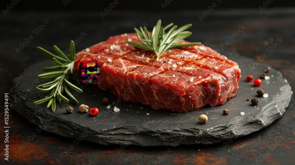 Poster a visually appealing composition of a raw steak garnished with fresh herbs and spices on a rustic sl