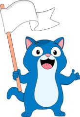 Happy Blue Cartoon Cat Holding a White Flag