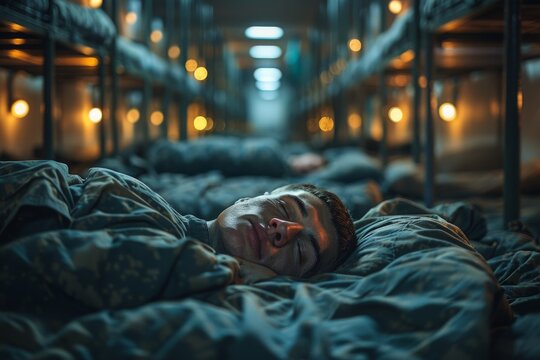 A soldier lies peacefully asleep on a bunk in a dimly lit barrack, capturing a moment of rest amidst the rigorous demands of military life, illustrating resilience and vulnerability.