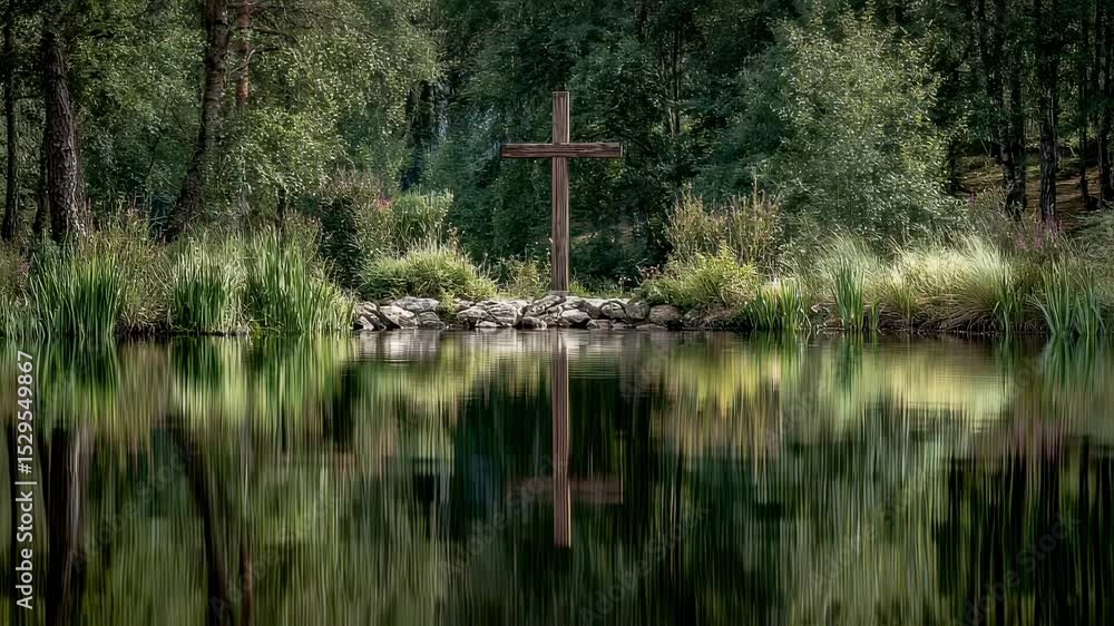 Poster the cross, positioned in front of a lake, its reflection shimmering in the calm water, creating a vi