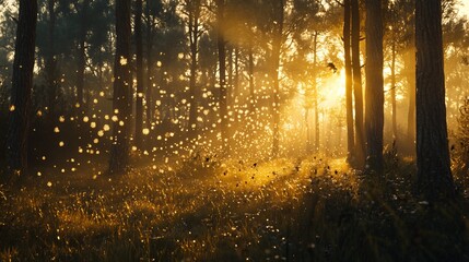 Sunny woodland scene with magical orbs and tall trees