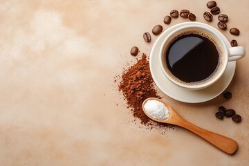 A pale brown setting depicting cup of black coffee and large spoon laden with coffee whitener powder depicts coffee lover and tasty treat, Generative AI.