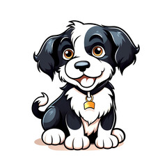Cute and cheerful cartoon puppy drawing, black and white, white background.