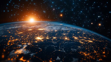 Sunrise over Earth, city lights illuminate the planet from space, stars twinkle in the dark expanse