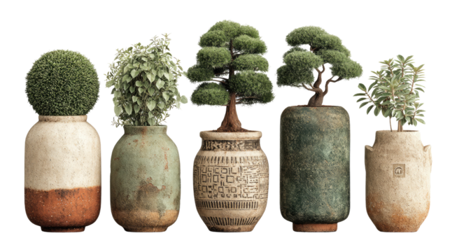 Bonsai Collection in Pottery: A curated collection of miniature bonsai trees and potted plants in various styles of ceramic pots, showcasing a tranquil and serene aesthetic.