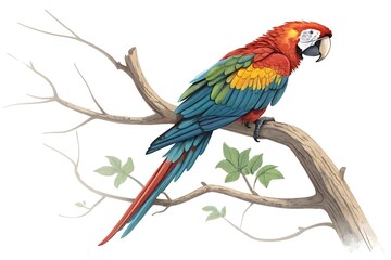 Obraz premium Scarlet Macaw Illustration A Vibrant Tropical Bird Perched on a Branch with Delicate Leaves Against a Clean White Background