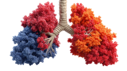 Colorful Lung Model: A visually striking medical illustration highlighting the intricate anatomy of the human respiratory system, rendered in vibrant hues for educational and conceptual purposes.