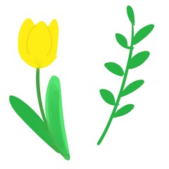 Yellow Tulip Flower and Leaf Branch – Minimalist Botanical Illustration