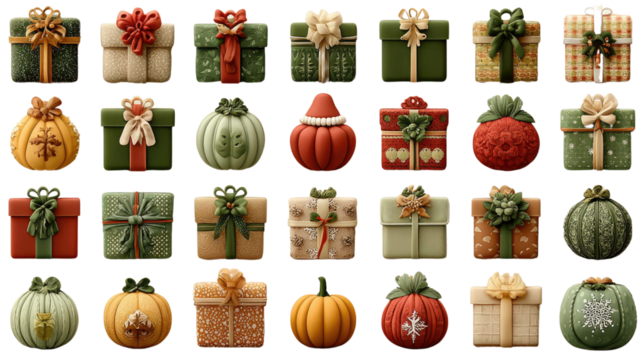 Festive Gift Box Array: An array of artistically designed gift boxes, adorned with ribbons and bows, showcase a spectrum of colors and textures, offering a vibrant display of holiday cheer.