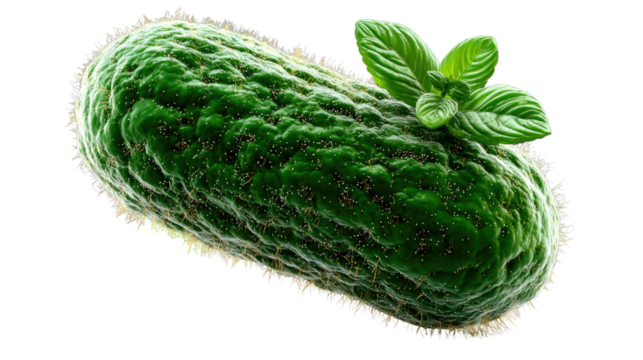 Microbe of Life: A detailed rendering of a vibrant, plant-like microbe adorned with fresh leaves, symbolizing growth, freshness, and natural processes.