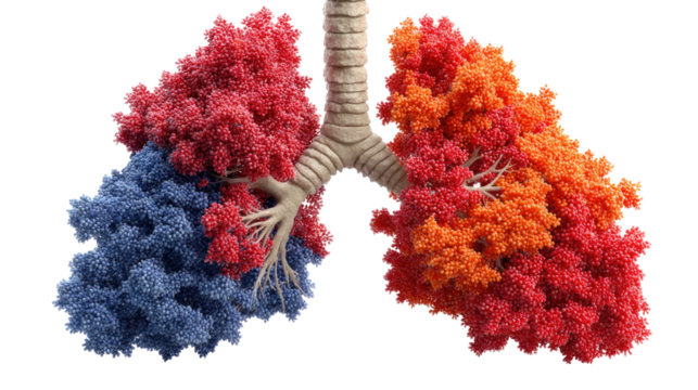 Colorful Lung Model: A visually striking medical illustration highlighting the intricate anatomy of the human respiratory system, rendered in vibrant hues for educational and conceptual purposes.