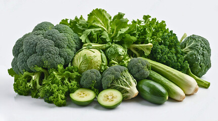 Assortment of Fresh Green Vegetables on White Background