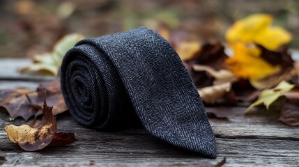Textured wool tie in charcoal gray with a subtle herringbone pattern displayed on a wooden table...