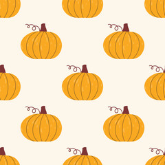 Seamless pattern with yellow pumpkin in cartoon flat style on light beige background.