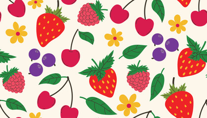 Bright seamless pattern with strawberries, blueberries, raspberries, cherries, flowers, and leaves in flat cartoon style.