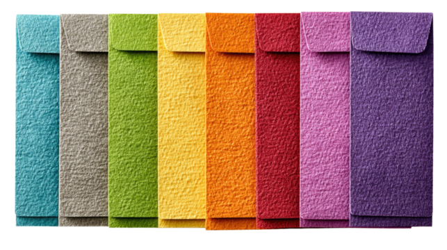 Rainbow Hue Envelope Display: A captivating visual showcase of colorful envelopes arranged in a harmonious spectrum, offering a delightful representation of variety and vibrant hues. 