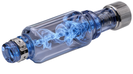 Transparent Flow Regulator: A close-up view of a transparent flow regulator, showcasing its internal mechanisms and a mesmerizing blue energy flow within.