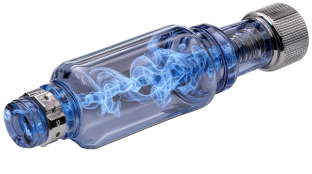Transparent Flow Regulator: A close-up view of a transparent flow regulator, showcasing its internal mechanisms and a mesmerizing blue energy flow within.