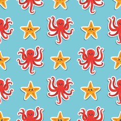 Seamless pattern with kawaii octopus and sea star stickers in cartoon flat style, arranged in polka dot order on blue background.