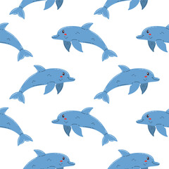 Seamless pattern with kawaii blue dolphin in cartoon flat style, arranged in polka dot order on white background.