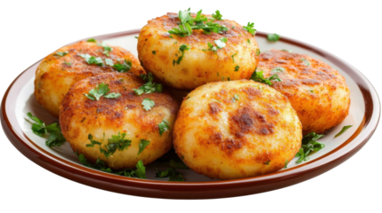 Aloo Tikki on a plate isolated on transparent png background.