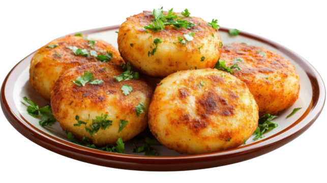 Aloo Tikki on a plate isolated on transparent png background.