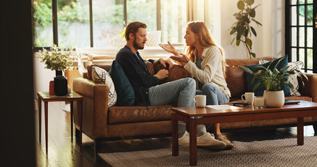 Angry, argue or couple fight in home with cheating, affair or liar on couch with marriage or fail. Talk, frustrated or upset people on sofa in toxic relationship with divorce risk, stress or mistake