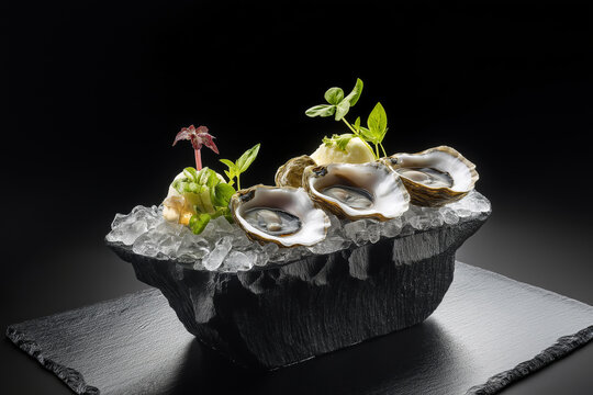 Close-up of raw oysters served on a black slate stone, showcasing a modern and minimal presentation style, great for upscale menus or seafood branding visuals.