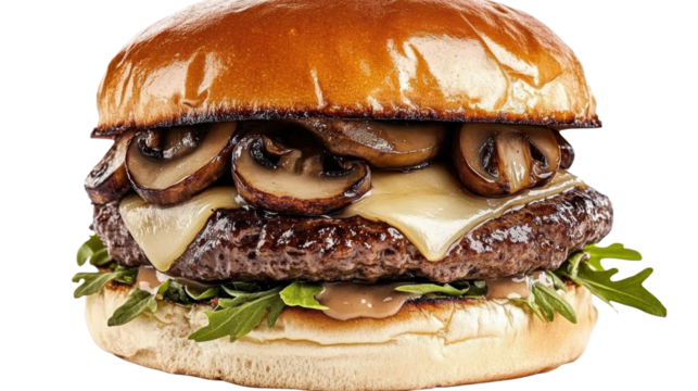Mushroom Swiss Burger on isolated on transparent png background.